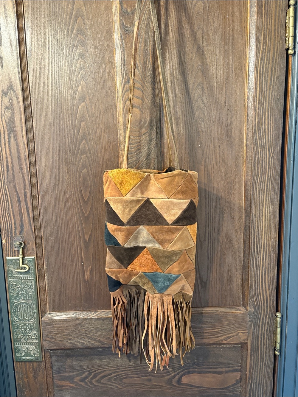 Boho Patchwork Suede Fringe Shoulder Bag - Brown Multi